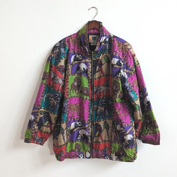 vintage Jackets & Blazers - Vtg 80s EVR Silk Bomber Jacket Wildlife Oversize 1X